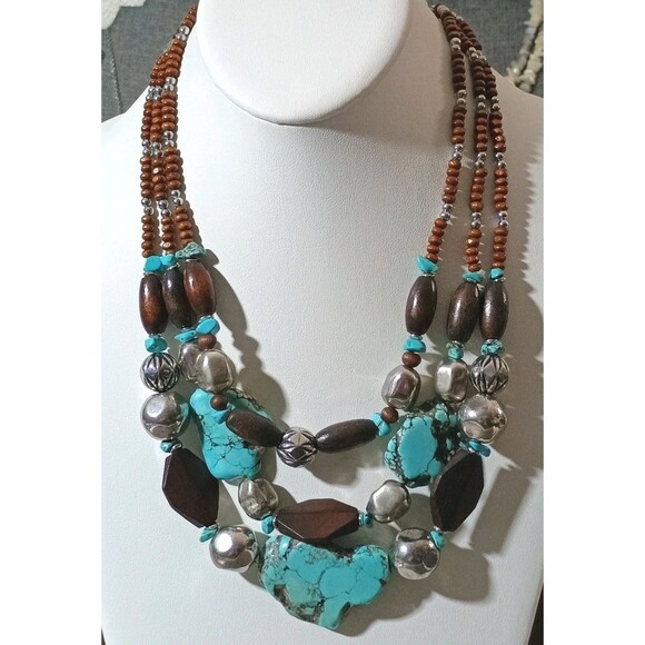 Bocar Southwest Style Faux Turquoise Wood Silver Tone Triple Strand Necklace - Picture 1 of 6
